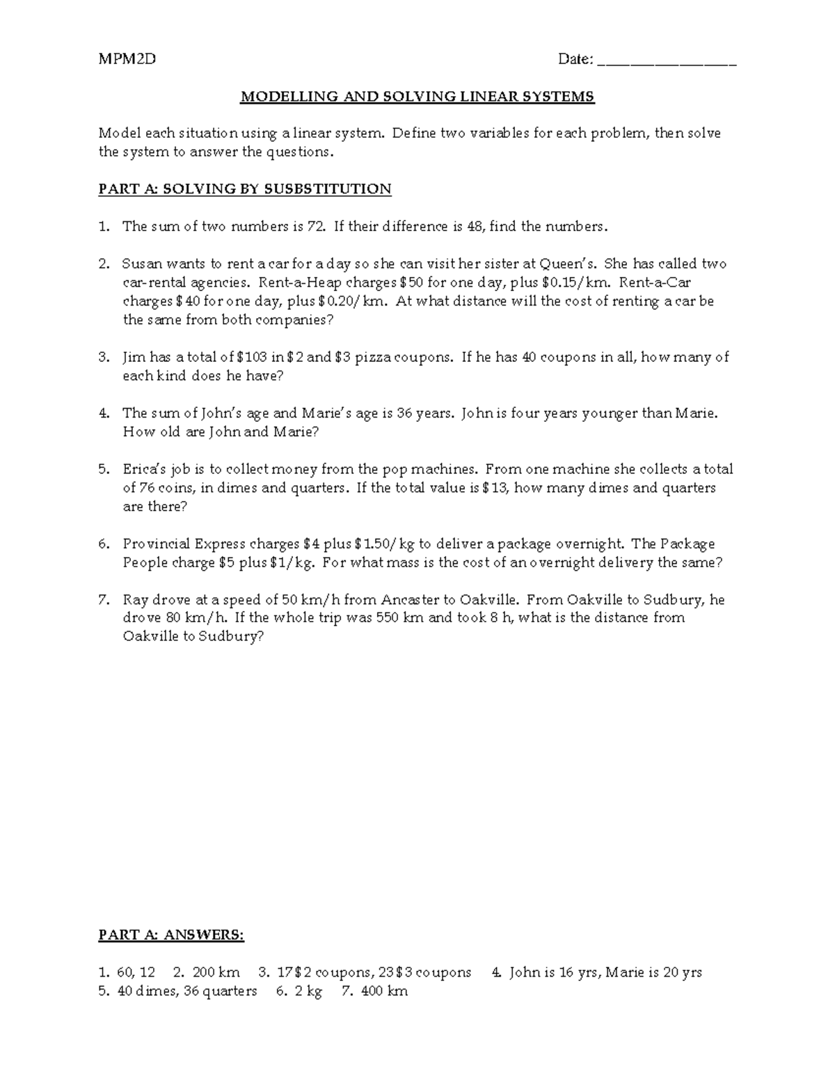 Linear Systems Word Problems Copy MPM2D Date Linear Systems Word Problems Copy MPM2D Date