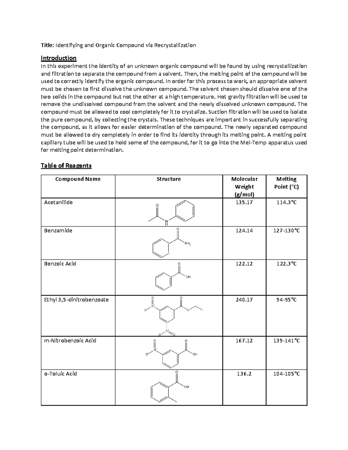 Experiment 1 - Recrystallization Lab. - Title: Identifying And Organic ...