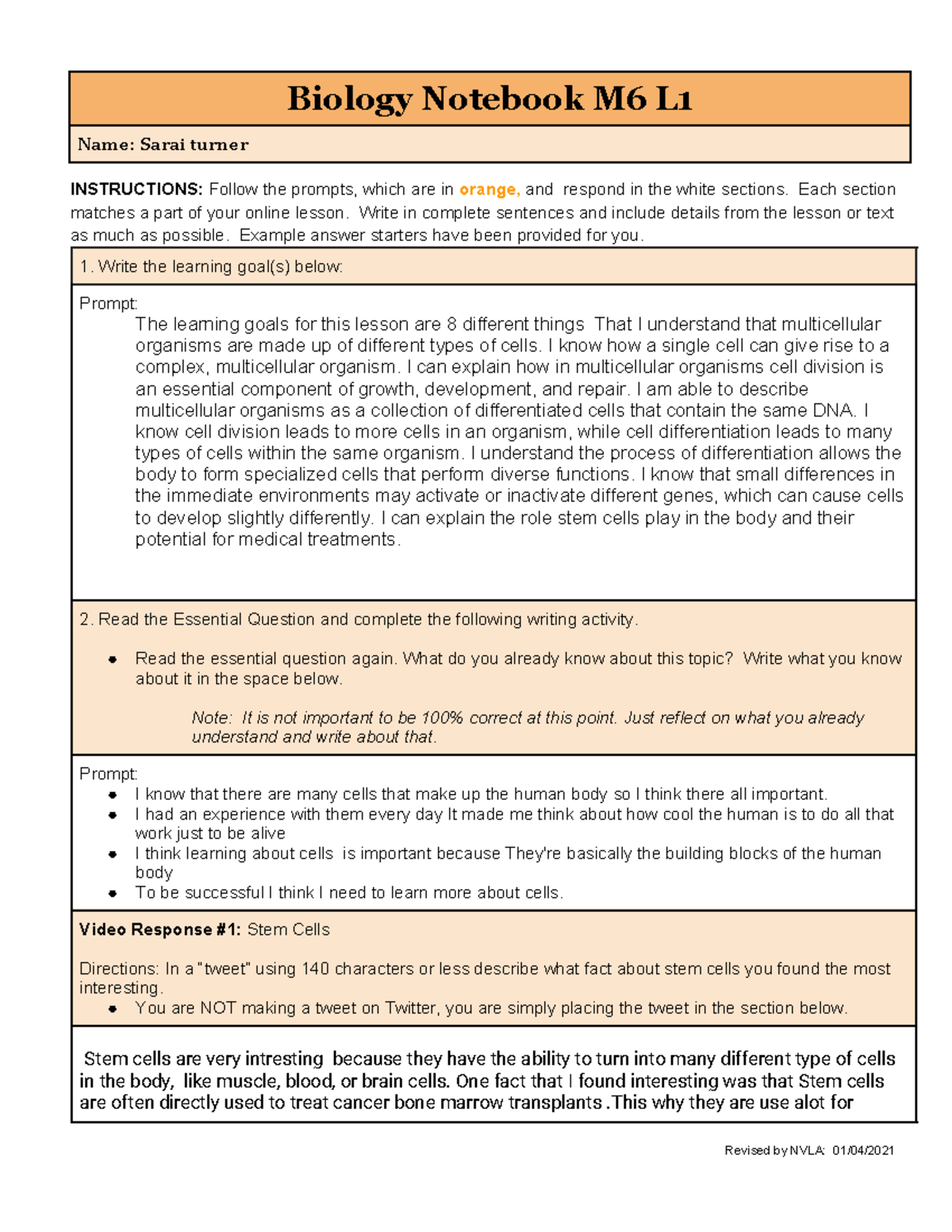 Copy of M6L1 Bio Notebook - Biology Notebook M6 L Name: Sarai turner ...