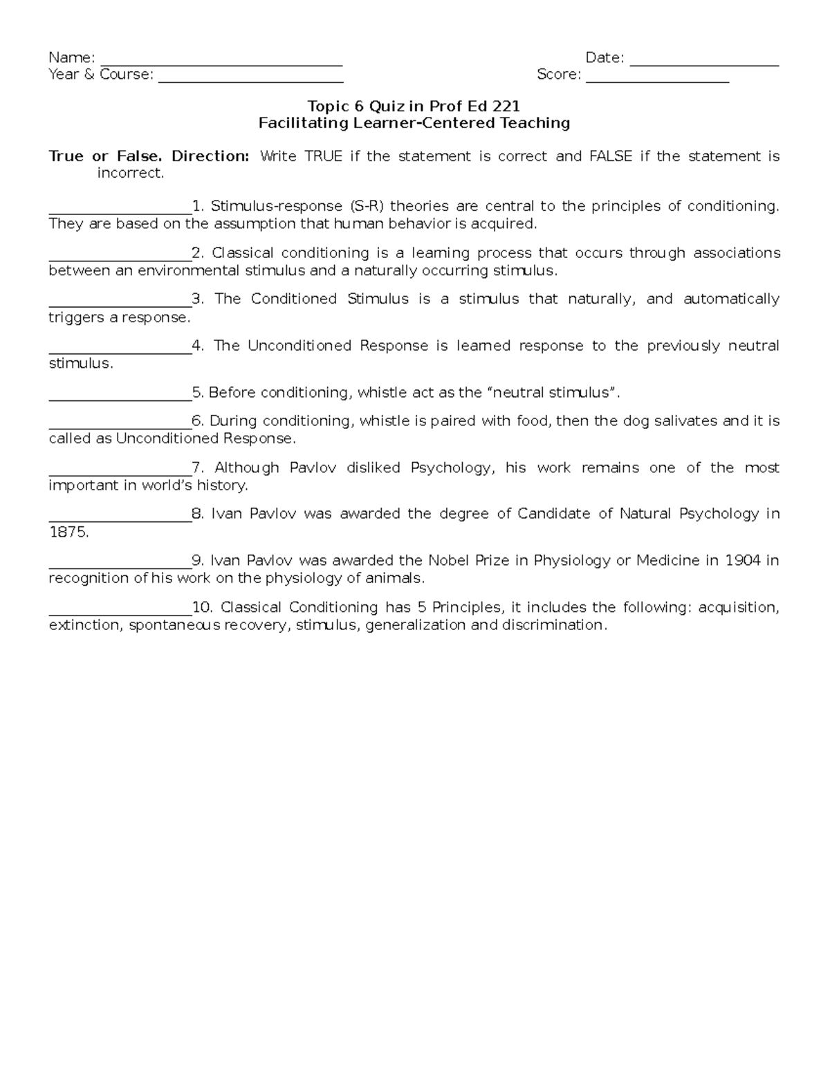 Quiz 6 - Test Questions - Name: __________________________________ Date ...