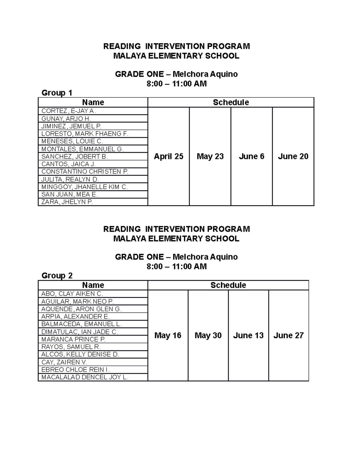 Reading Intervention Program READING INTERVENTION PROGRAM MALAYA