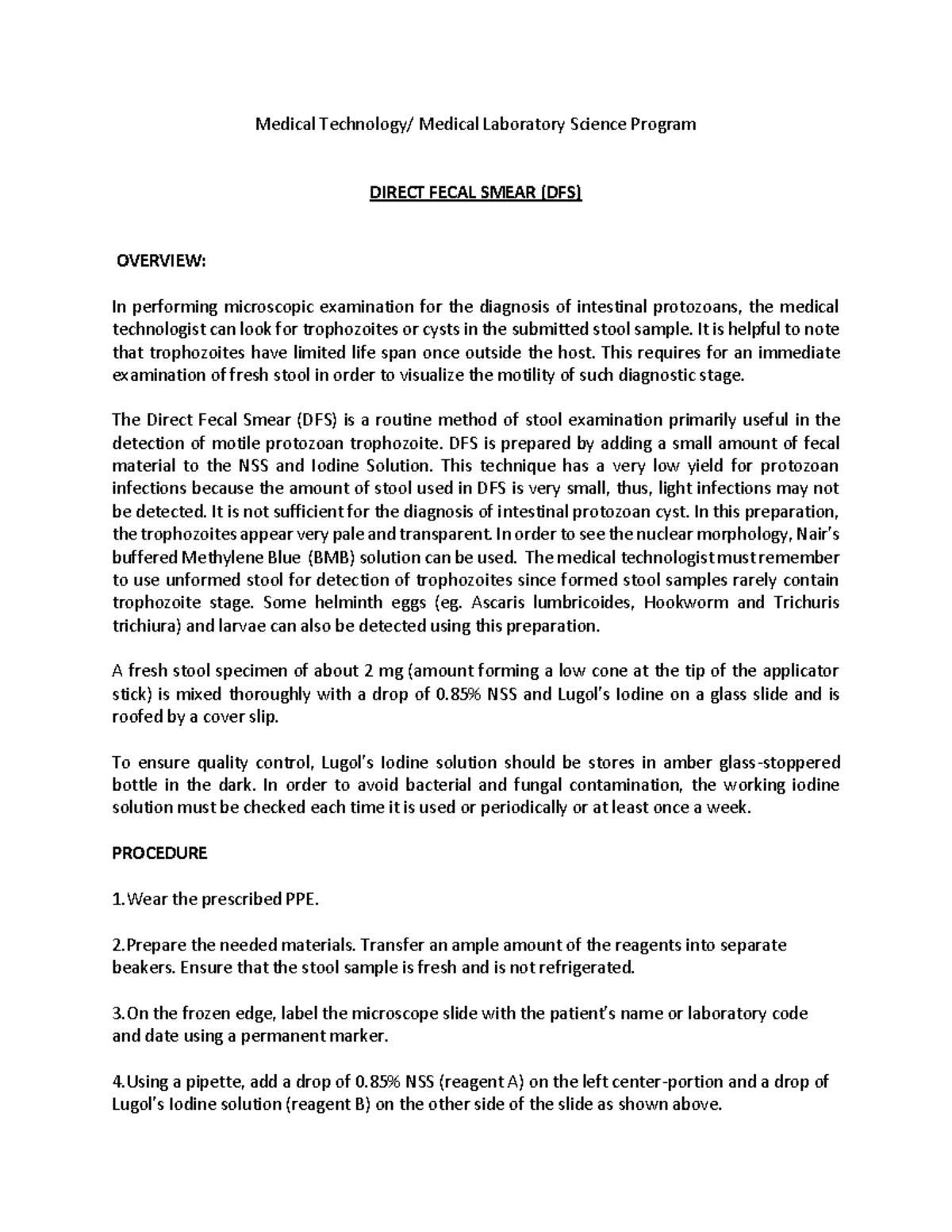 DFS Dfs Medical Technology/ Medical Laboratory Science Program