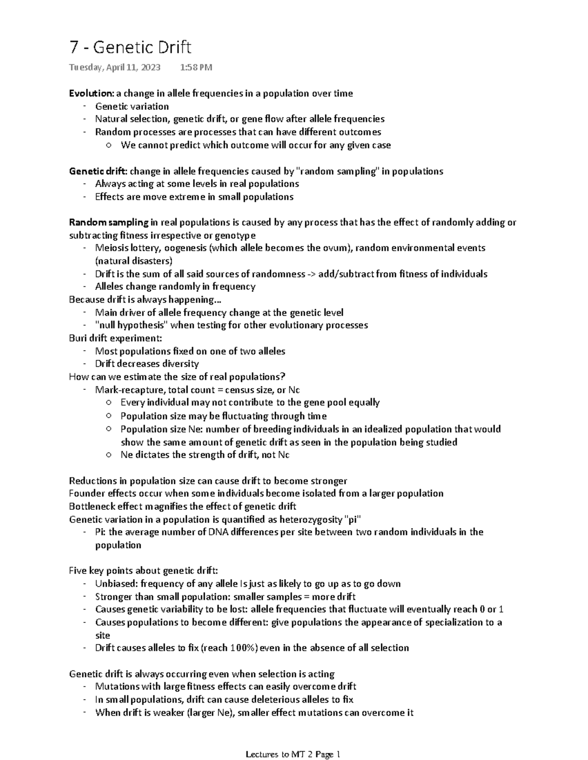 7 - Genetic Drift - notes - Evolution: a change in allele frequencies ...