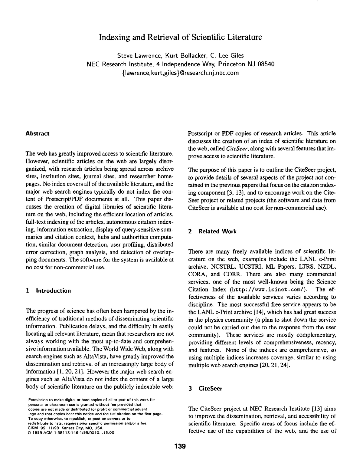 Indexing And Retrieval Of Scientific Literature - Lee Giles NEC ...