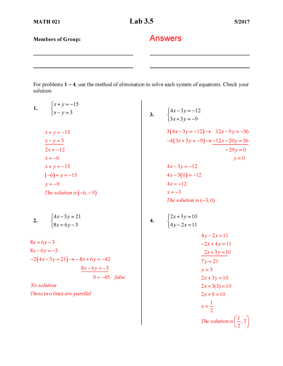 Lab 3 5 Answer Key Math 021 Lab 3 5 Members Of Group Answers For Problems 1 4 Use The Method Studocu