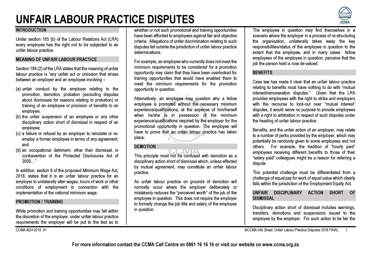 Unfair Labour Practice Disputes Org INTRODUCTION Under Section 185 b 