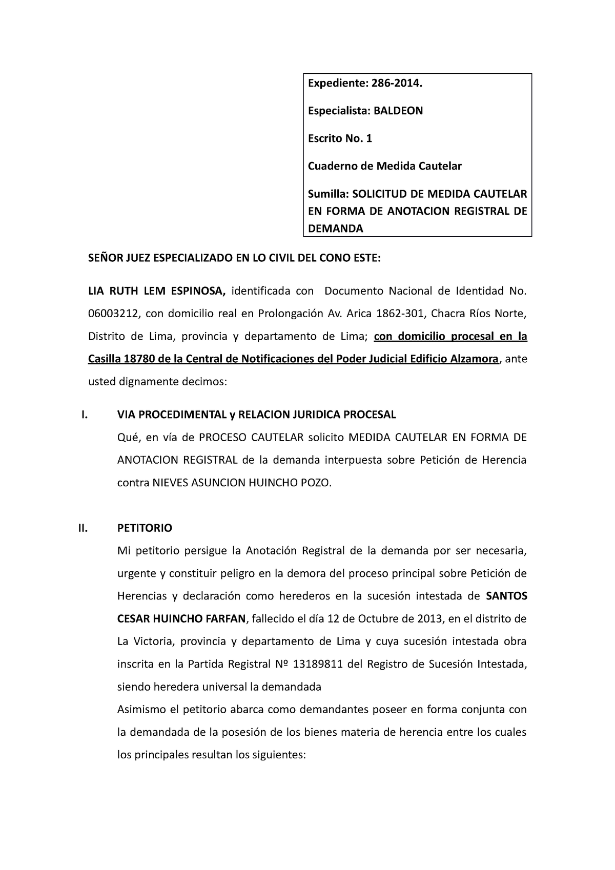 Anotacion DE Demanda - Expediente: 286-2014. Especialista: BALDEON ...