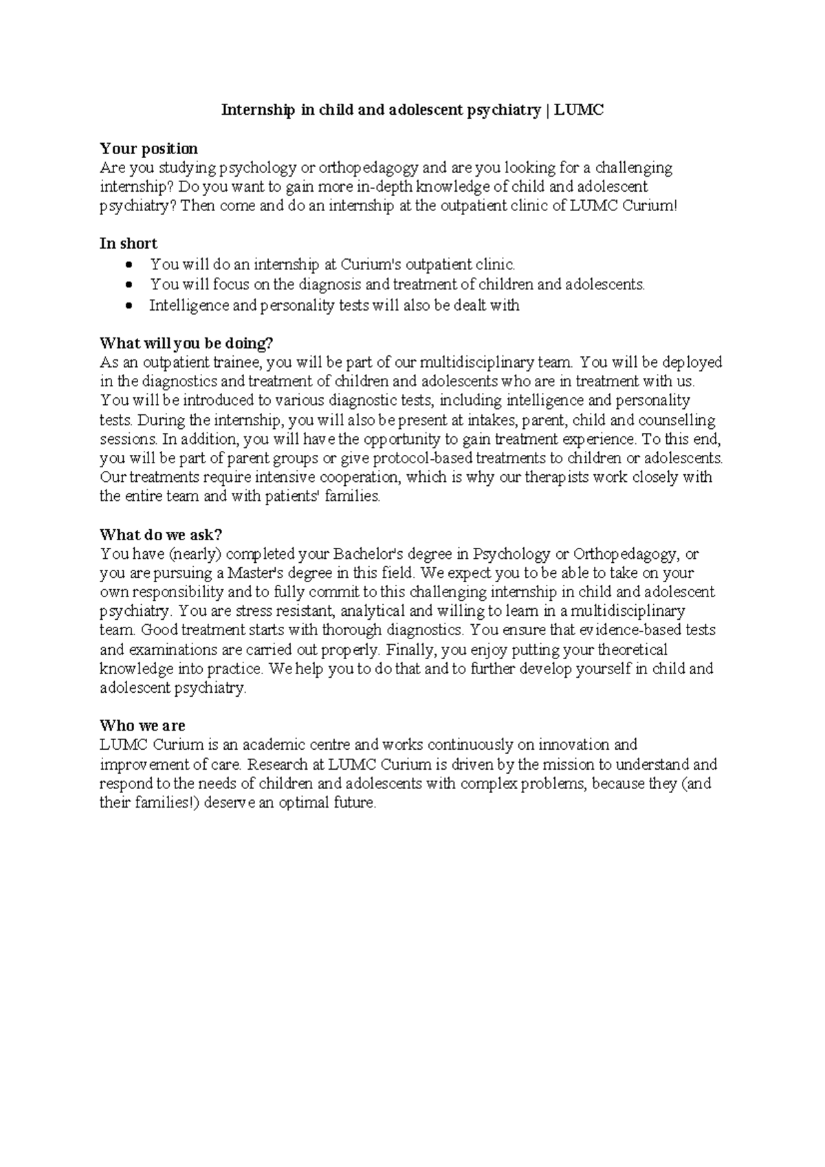 Internship LUMC description Internship in child and adolescent psychiatry LUMC Your