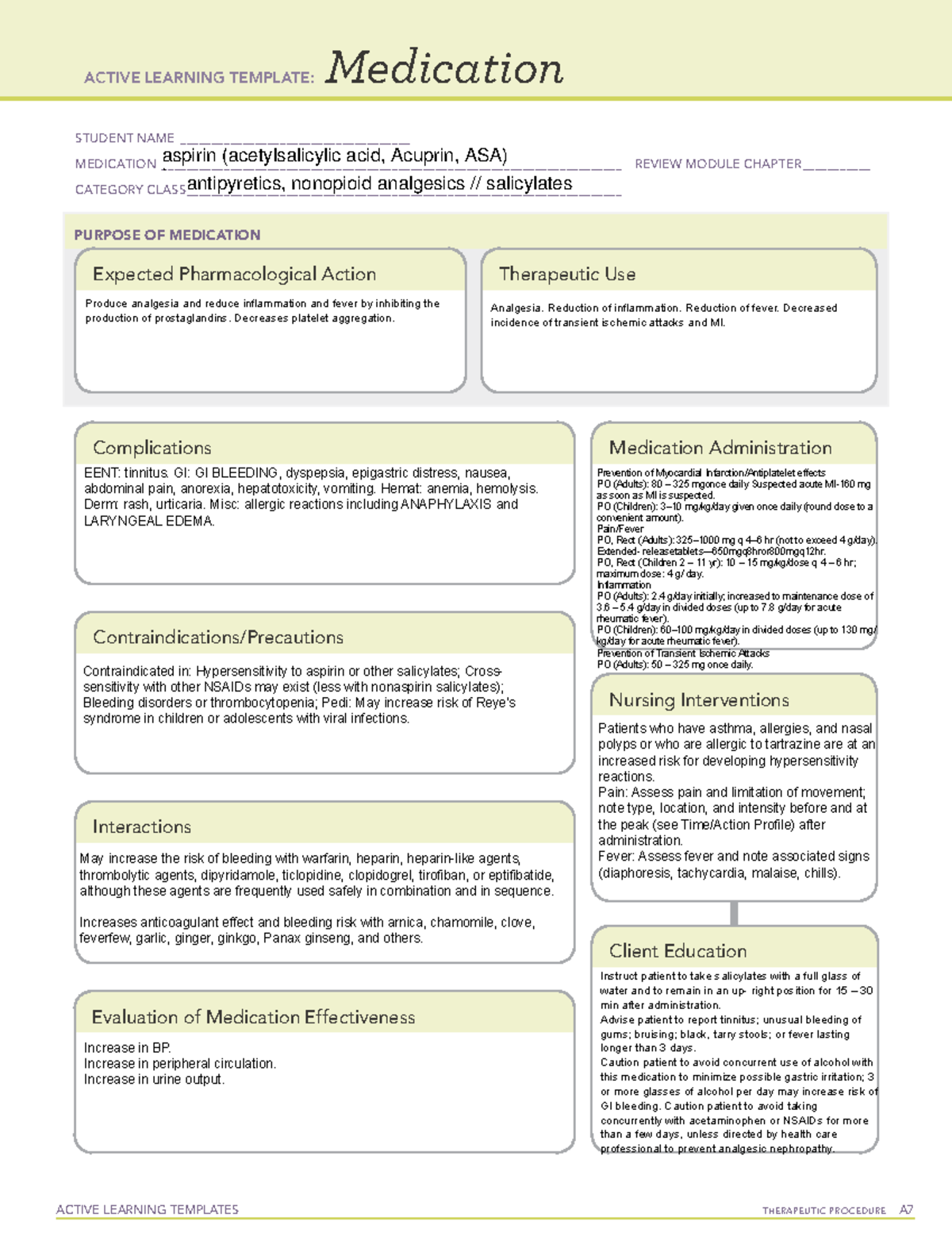 Active Learning Template medication-20 - Nursing Pharmacology - StuDocu Regarding Pharmacology Drug Card Template