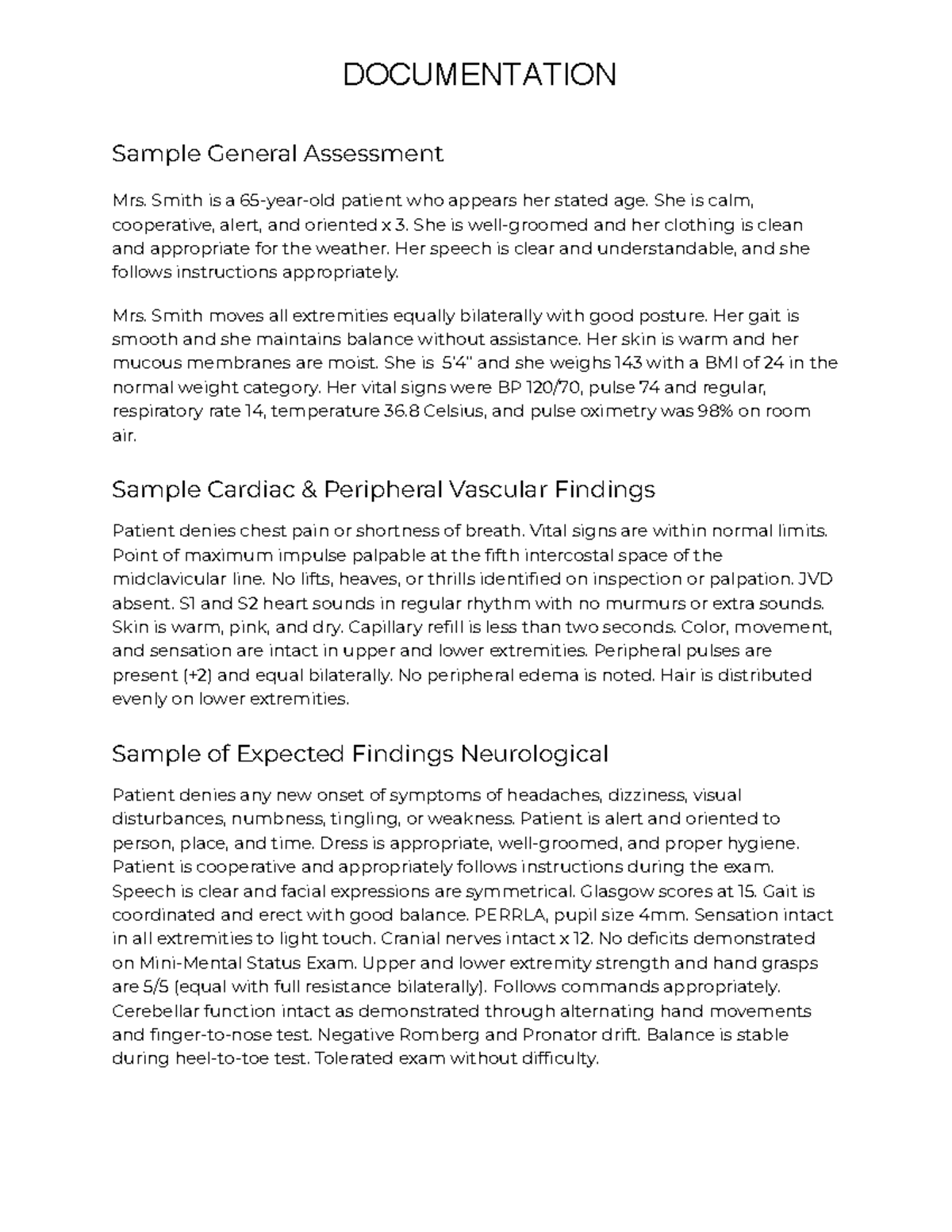 Notes for Physical Assessment Documentation - Sample General Assessment ...