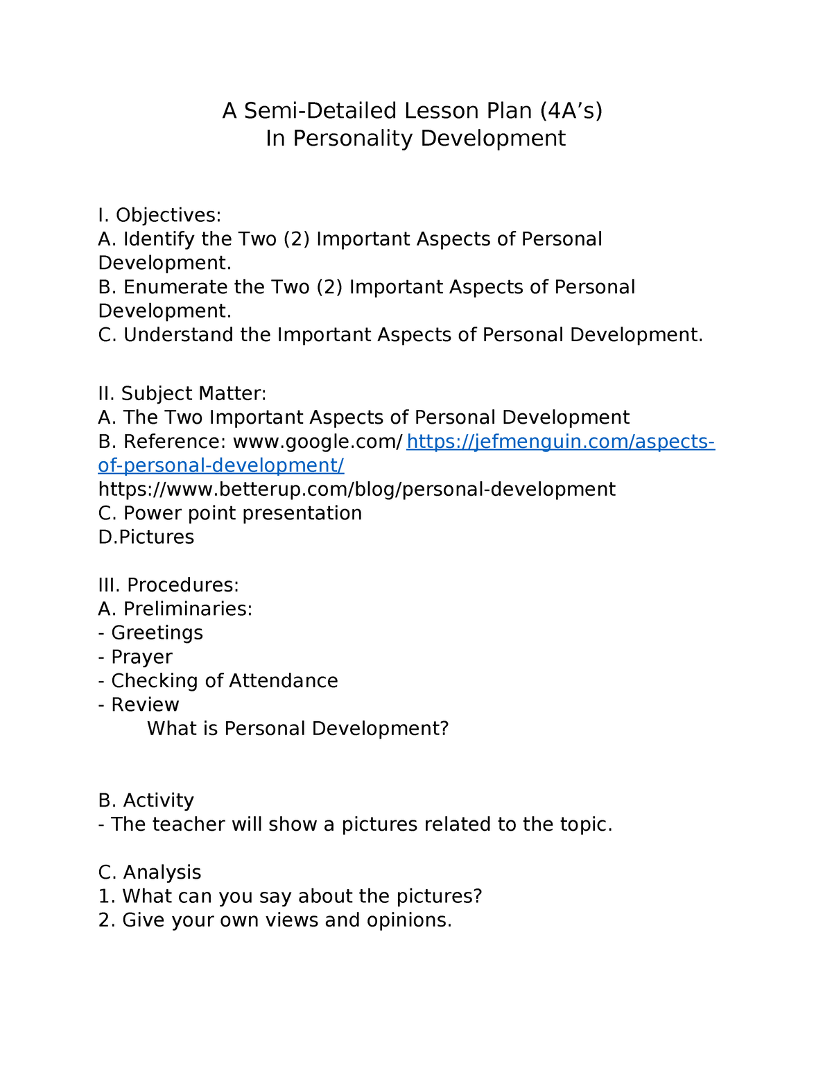 Sample 4as Lp - A Semi-detailed Lesson Plan (4a’s) In Personality 