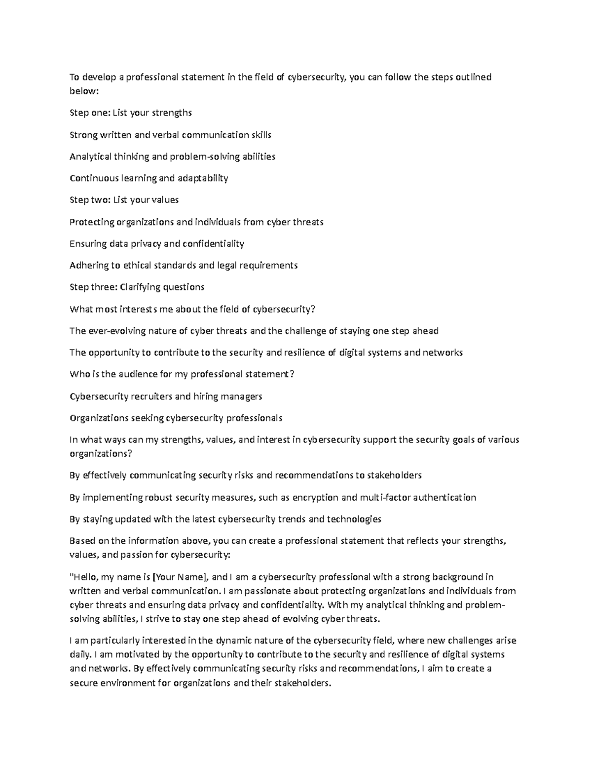 Cyber Security Professional Staetment - To develop a professional ...