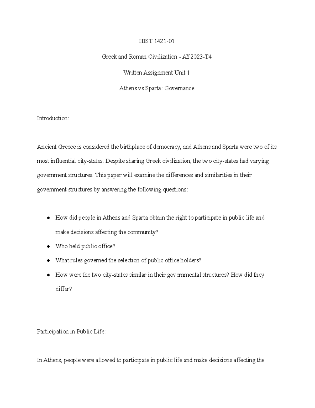 Athens vs Sparta Governance 11 HIST 1421 Greek and Roman