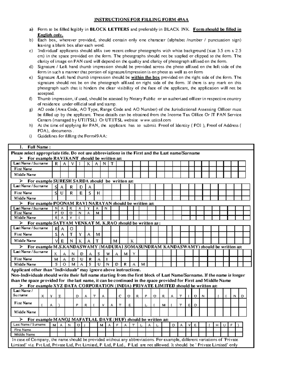 Instructions FOR Filling FORM 49AA - INSTRUCTIONS FOR FILLING FORM 49AA ...