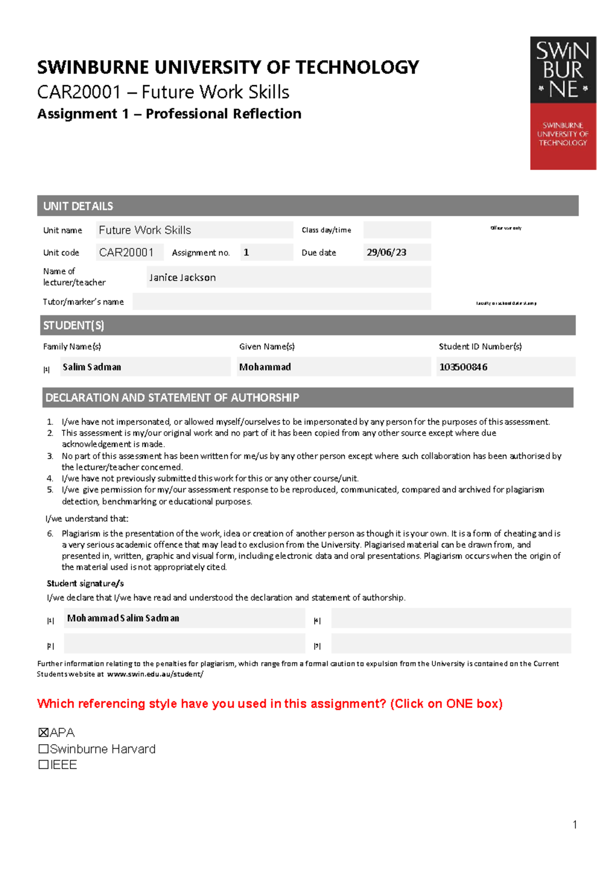 CAR2000 1 Assignment 1 2023 - 1 SWINBURNE UNIVERSITY OF TECHNOLOGY ...