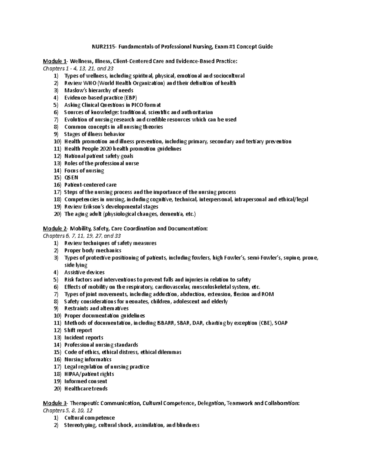 2021 Exam 1 Concept Guide NUR2115 Fundamentals of Professional