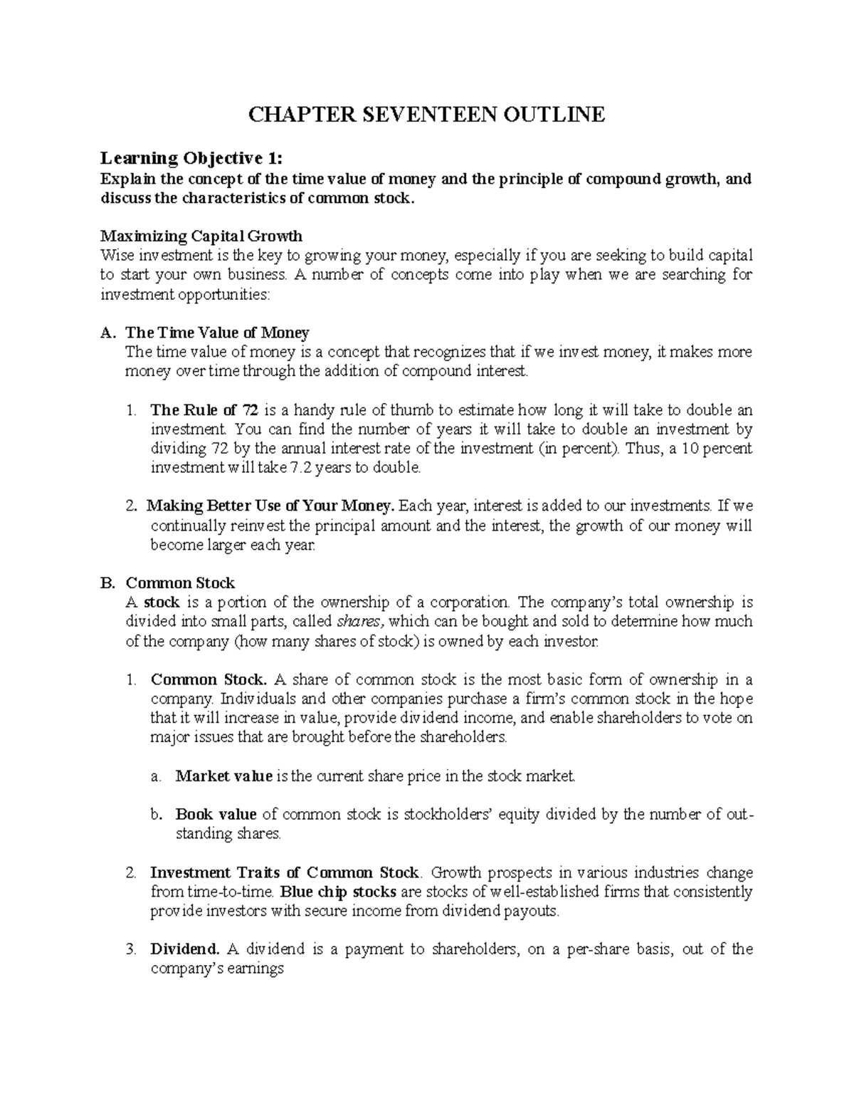 Chapter 17 notes - CHAPTER SEVENTEEN OUTLINE Learning Objective 1 ...