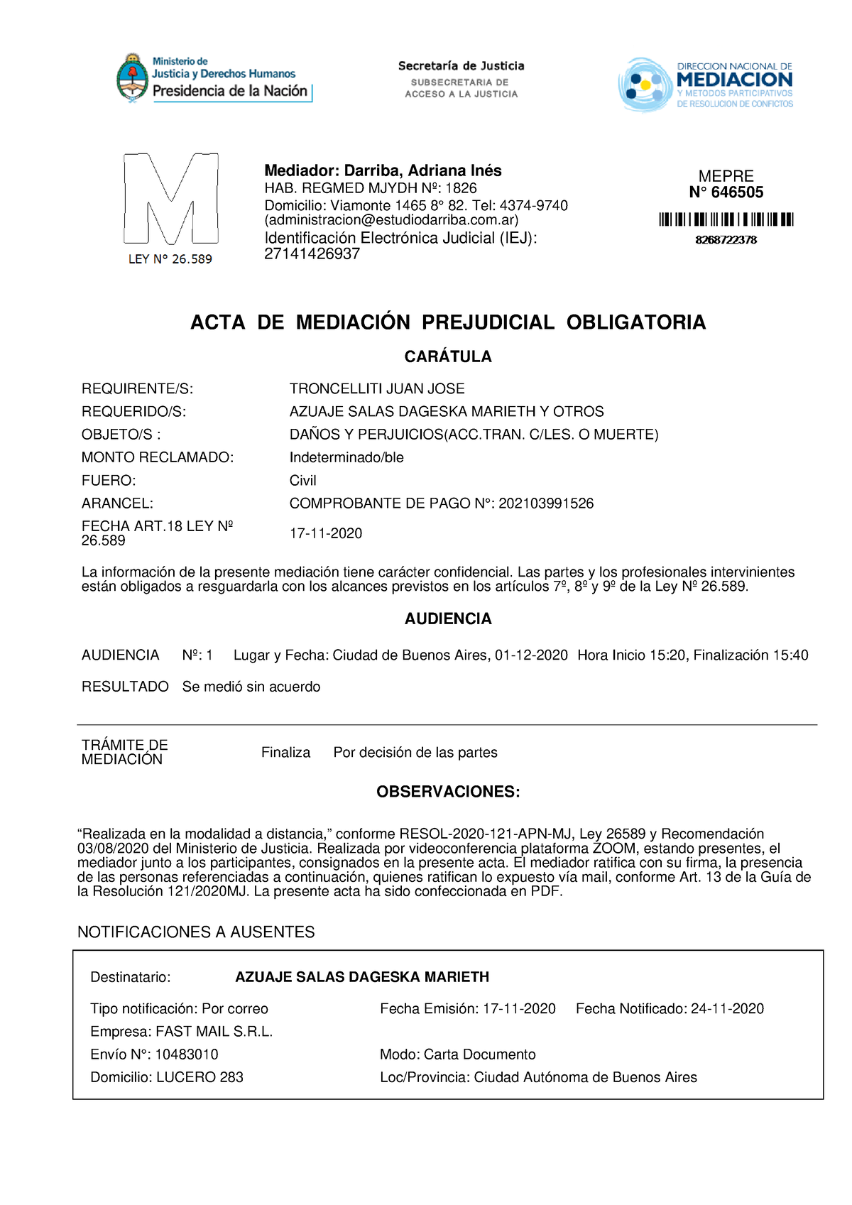 Acta De Cierre De Mediacion Provincia De Buenos Aires