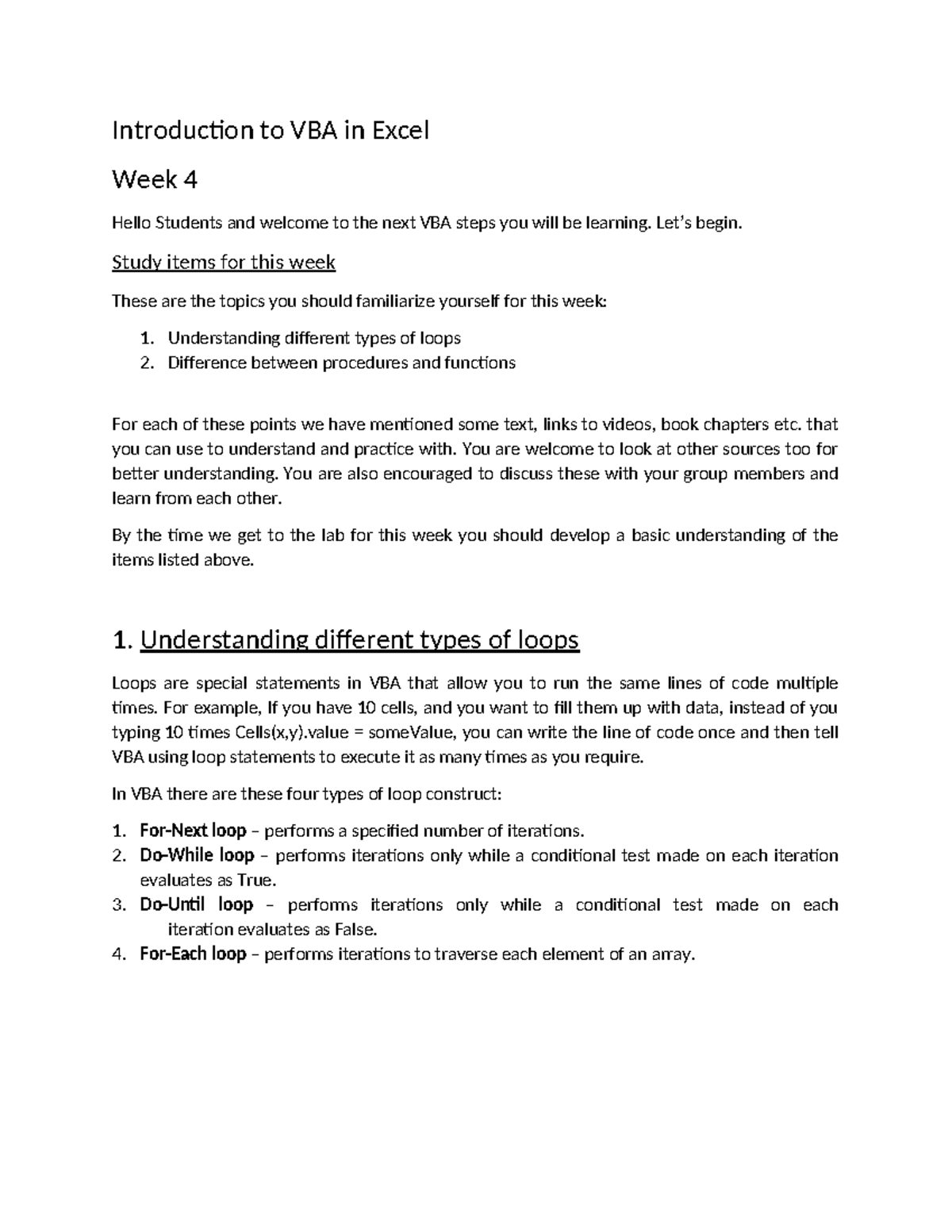 Vba week 4 guide practice questions introduction to vba in excel