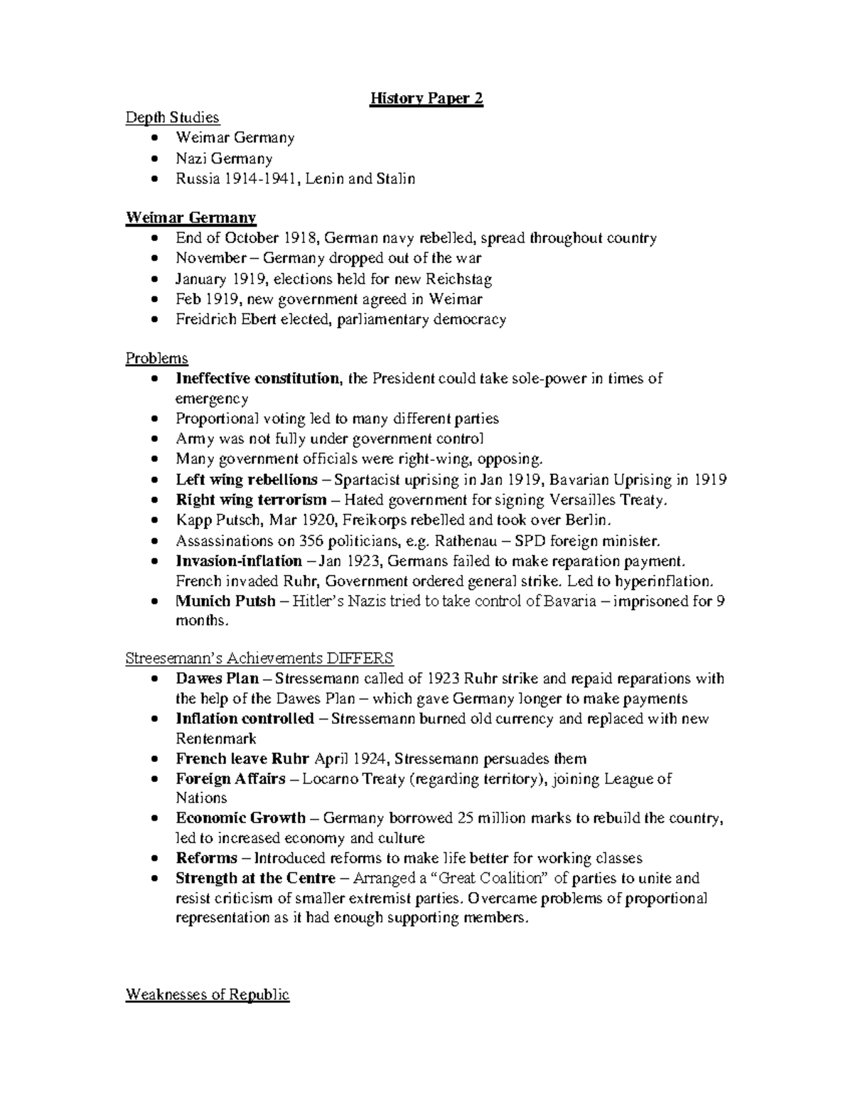 Germany and Russia Notes - History Paper 2 Depth Studies Weimar Germany ...