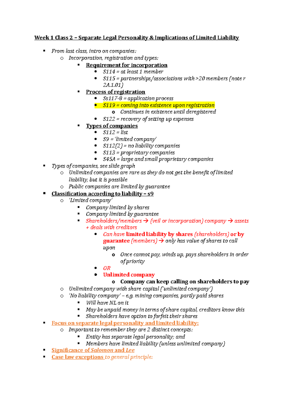 Week 1 Class 2 - Lecture notes 2 - Week 1 Class 2 – Separate Legal ...