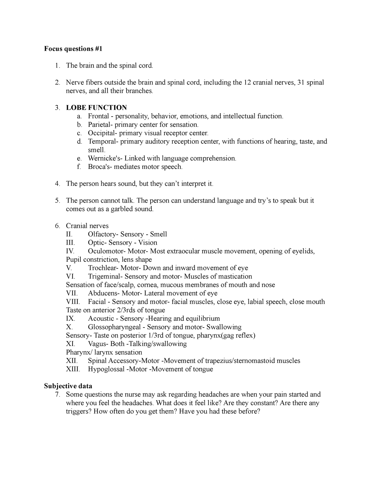 Focus questions( Final) - Focus questions # 1. The brain and the spinal ...