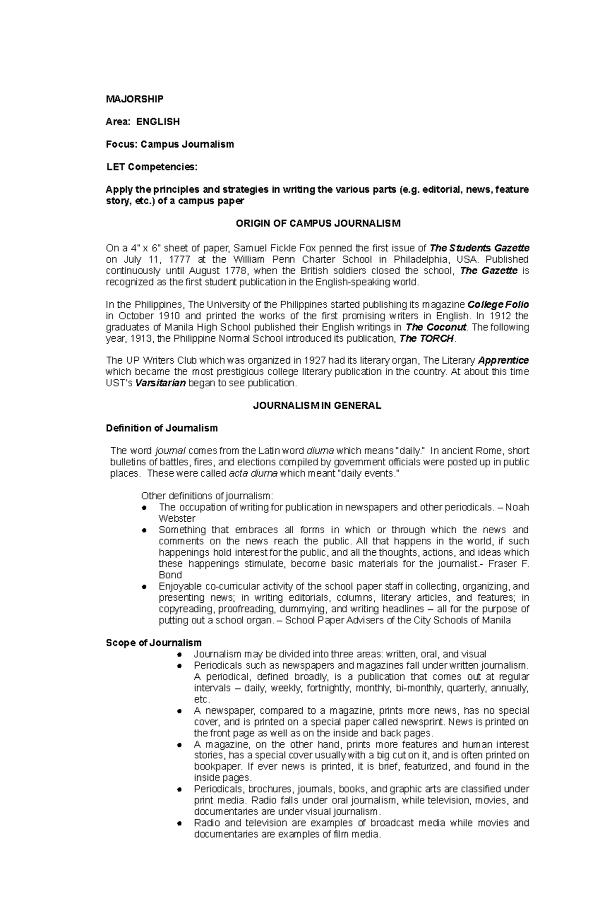 15 - LET REVIEWER - MAJORSHIP Area: ENGLISH Focus: Campus Journalism ...