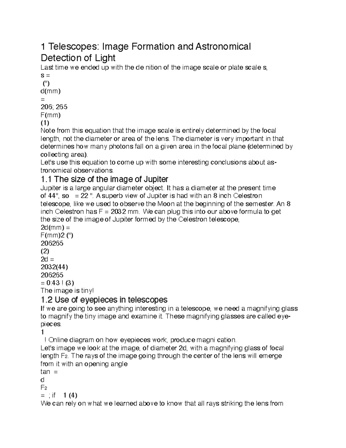 Astr 44 astronomy lecture notes 44 1 Telescopes Image Formation
