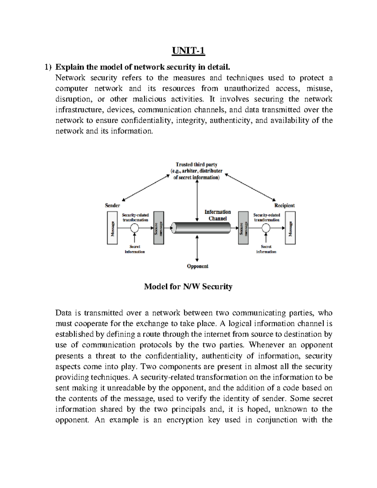 ICS Notes pdf - UNIT- 1 Explain the model of network security in detail ...