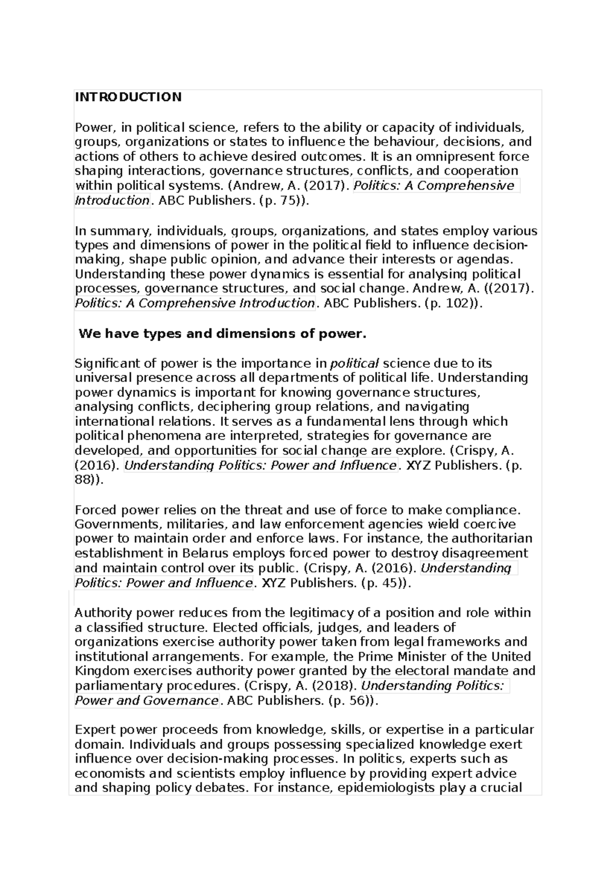 Politics Assignment - Summary Law of delict - INTRODUCTION Power, in ...