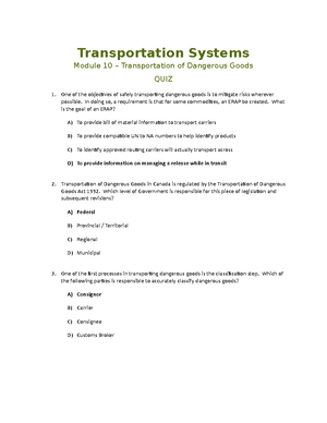 TS Quiz 10 - Transportation Of Dangerous Goods - Transportation Systems ...