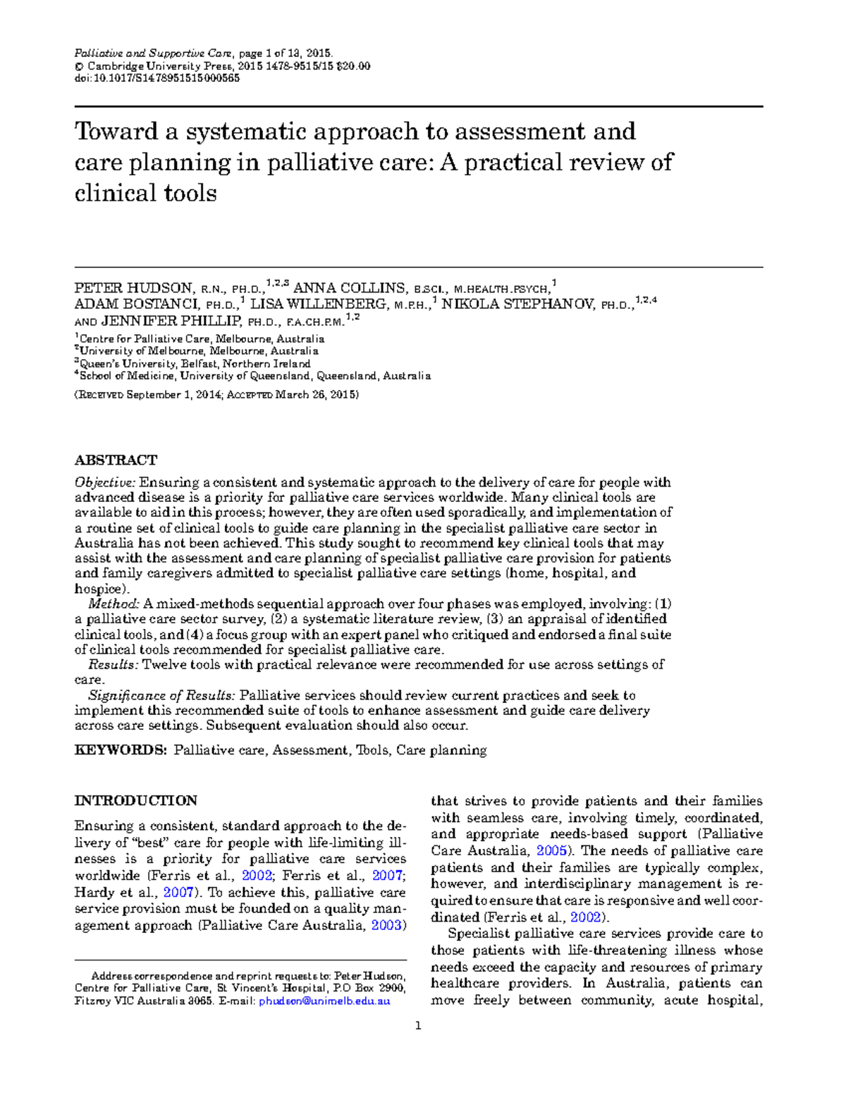 Toward a systematic approach to assessment and care planning in ...