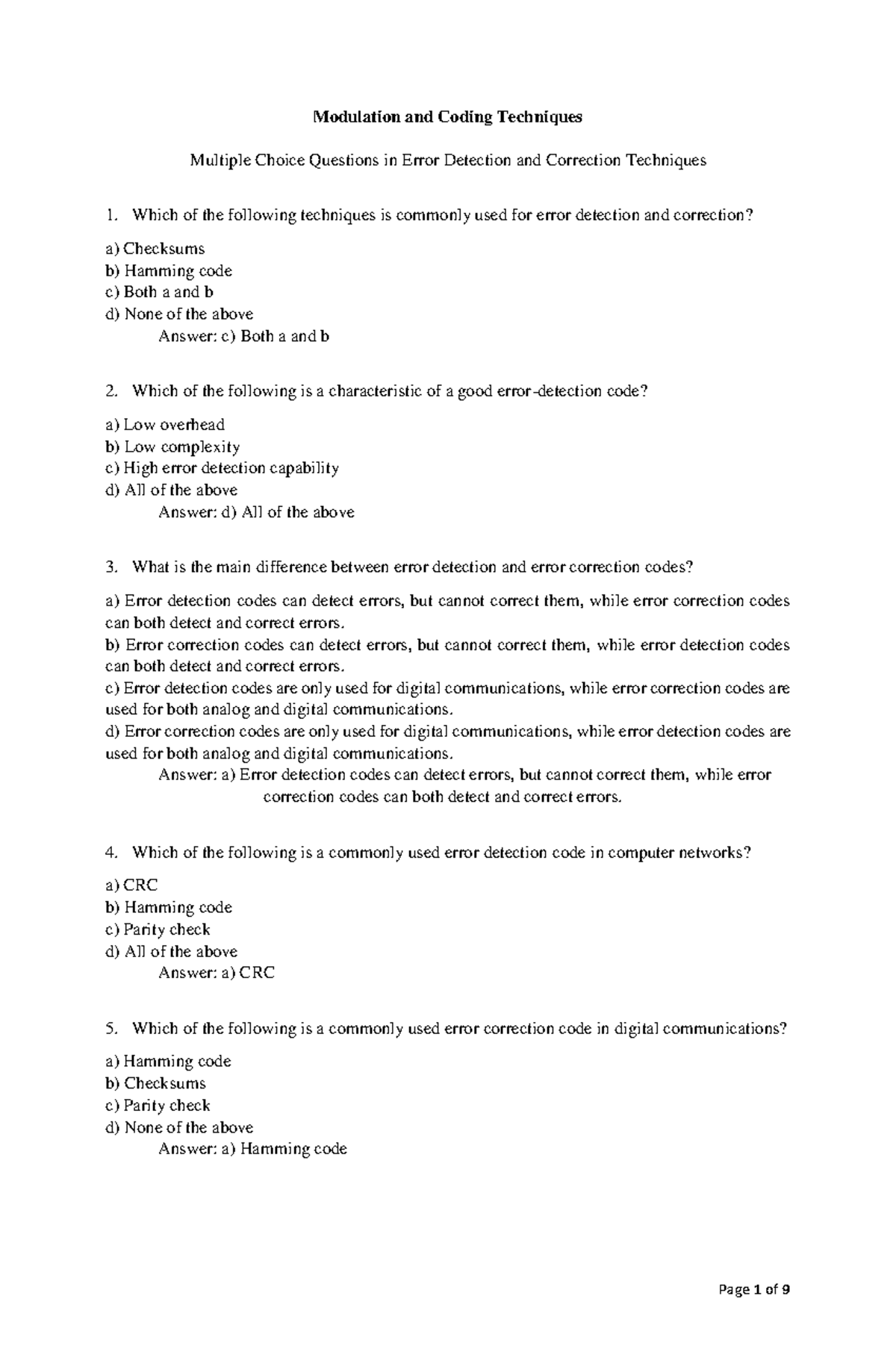 MCQ in Error Detection and Correction Techniques Modulation and