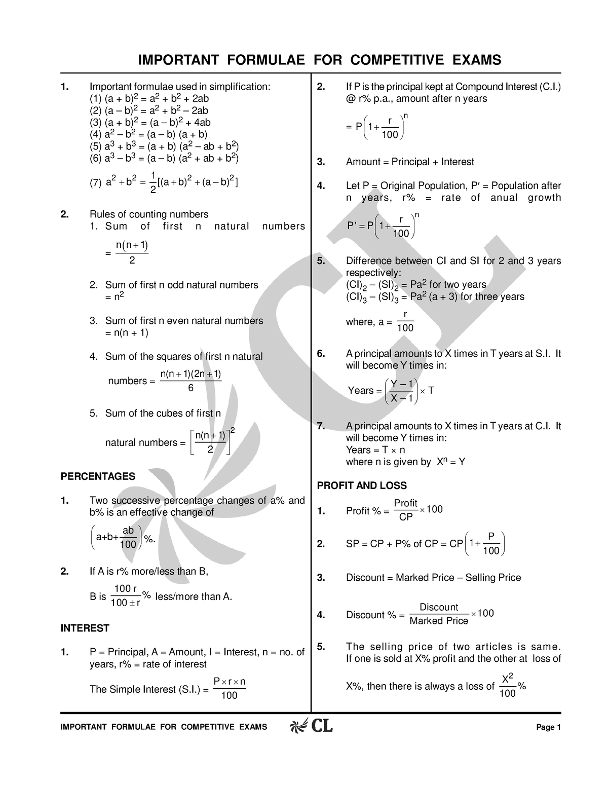 Important Formulae - Useful For Competitive Exams - IMPORTANT FORMULAE ...