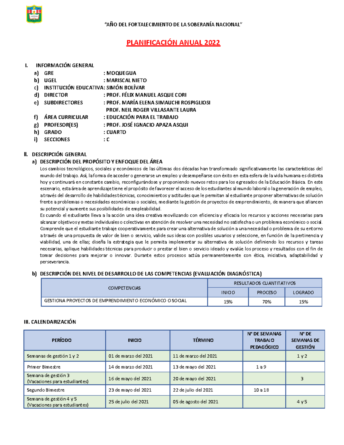 PLAN Anual 2022 - SB 4TO - PLANIFICACI”N ANUAL 2022 I. INFORMACI”N ...