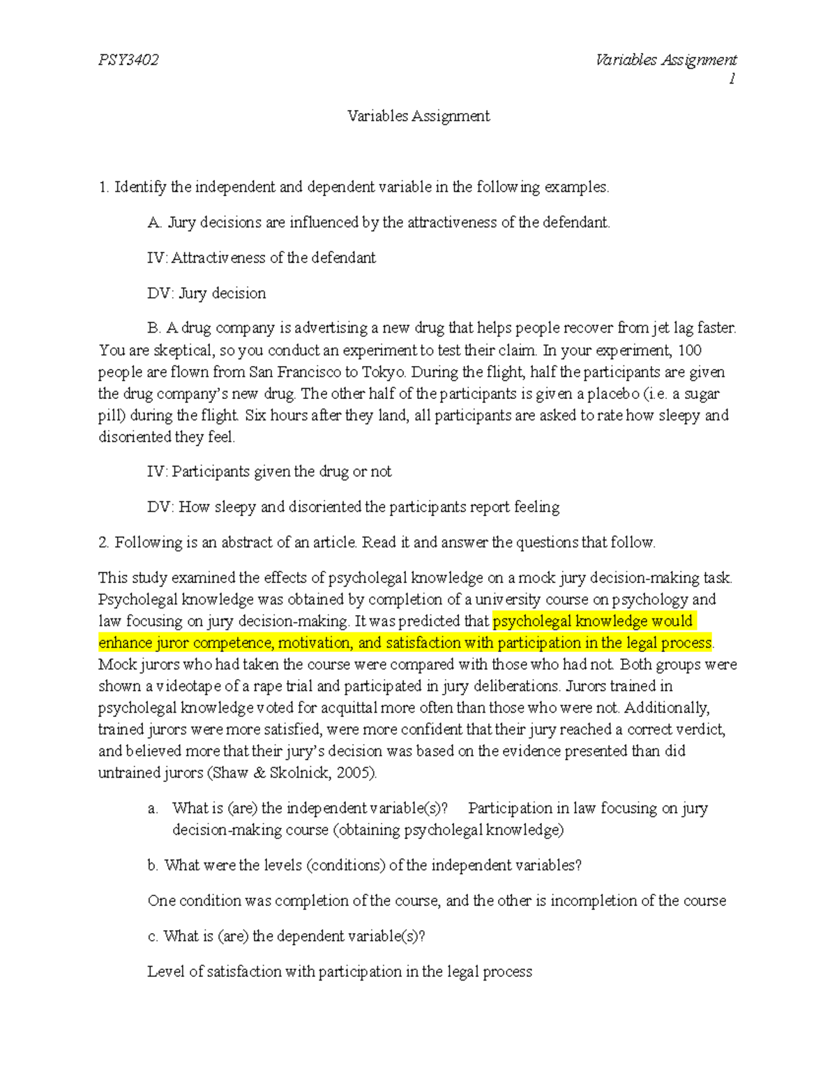 4. Variables Activity - 1 Variables Assignment Identify the independent ...