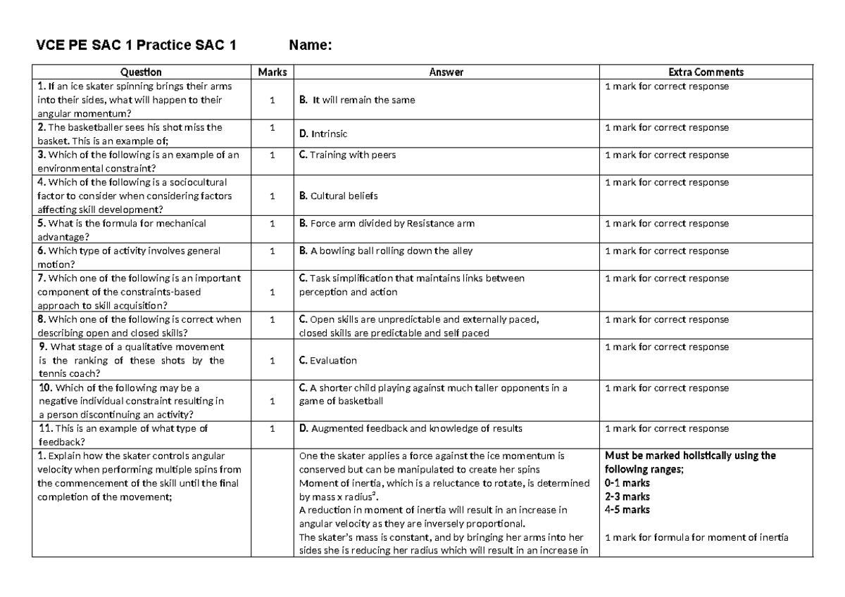 1. PE SAC 1 Practice SAC 1 2022 Answer Guide VCE PE SAC 1 Practice SAC 1 Name Question Marks
