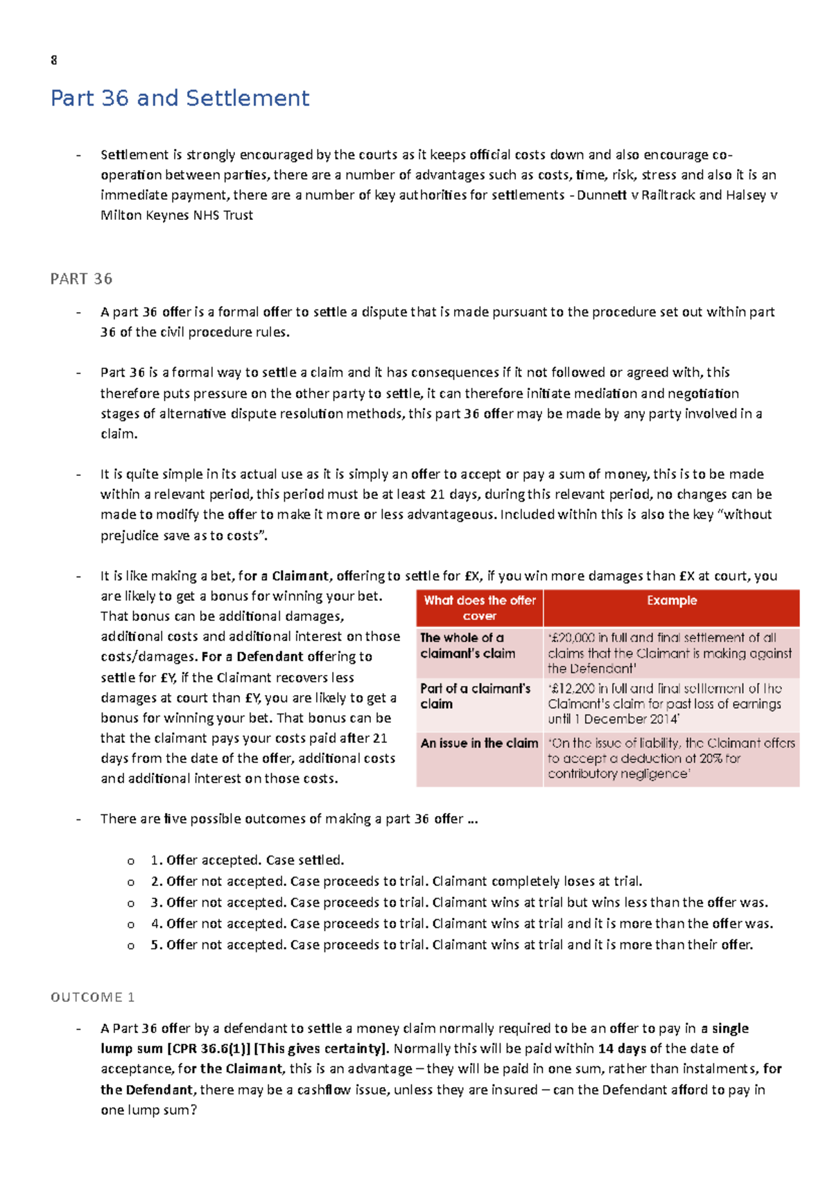 8. Part 36 and Settlement 8 Part 36 and Settlement Setlement is