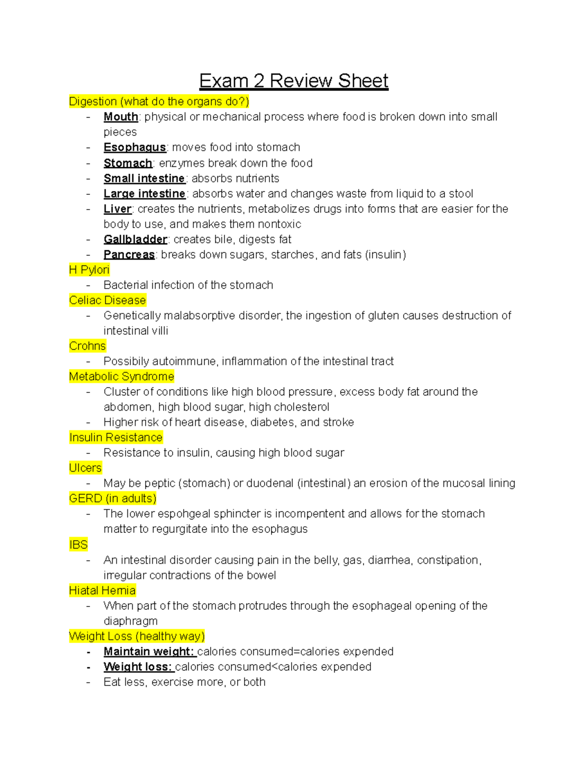 Nutrition Exam 2 Review - Exam 2 Review Sheet Digestion (what do the ...