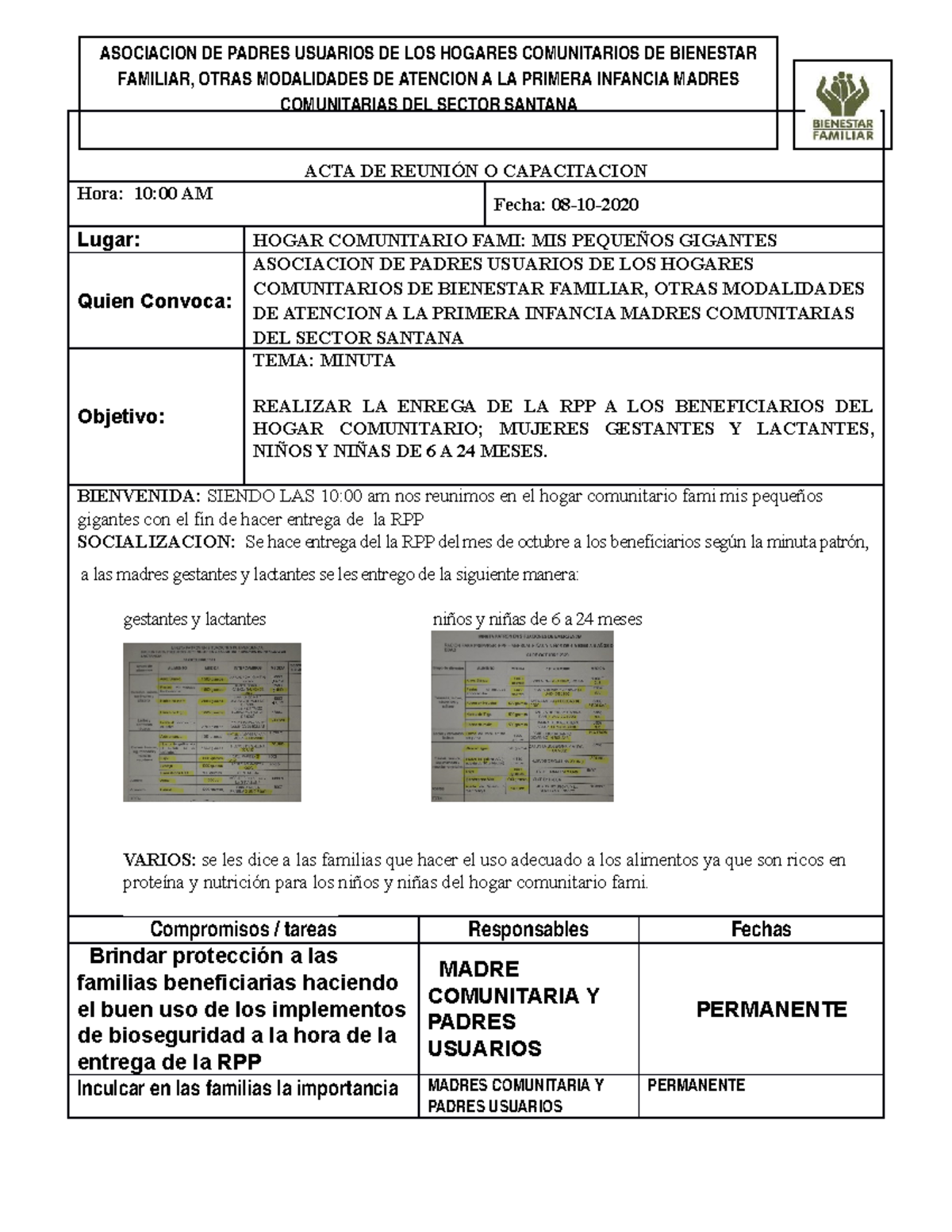 ACTA DE LA RPP octubre bienestar - ACTA DE REUNIÓN O CAPACITACION Hora ...