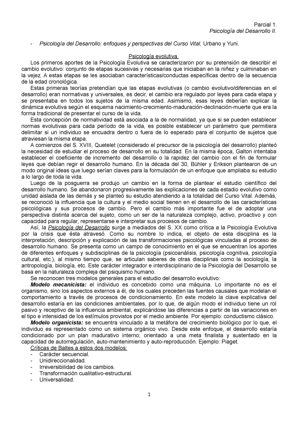 Parcial 1 desarrollo 1 - Parcial 1. Psicología del Desarrollo II. Psicología  del Desarrollo: - Studocu