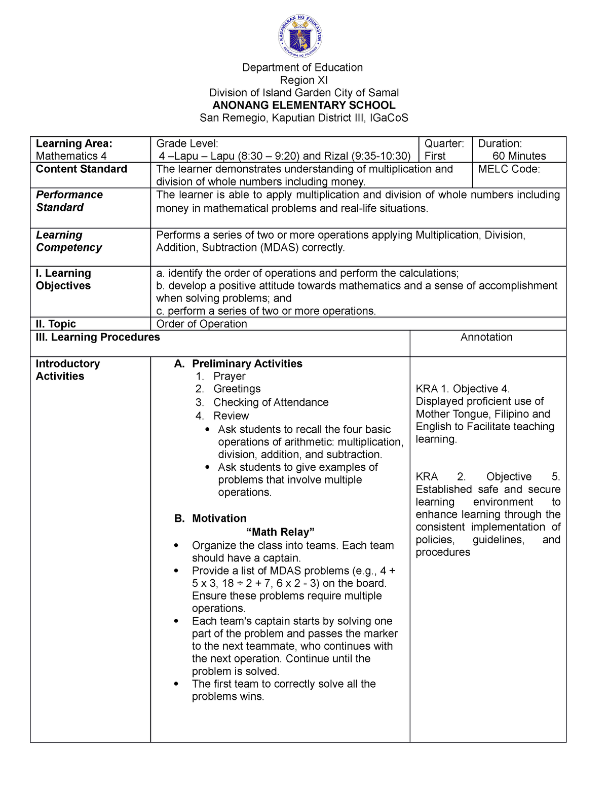 Class Observation Lesson Plan On Mathematics 4 First Quarter 1 Order Of ...