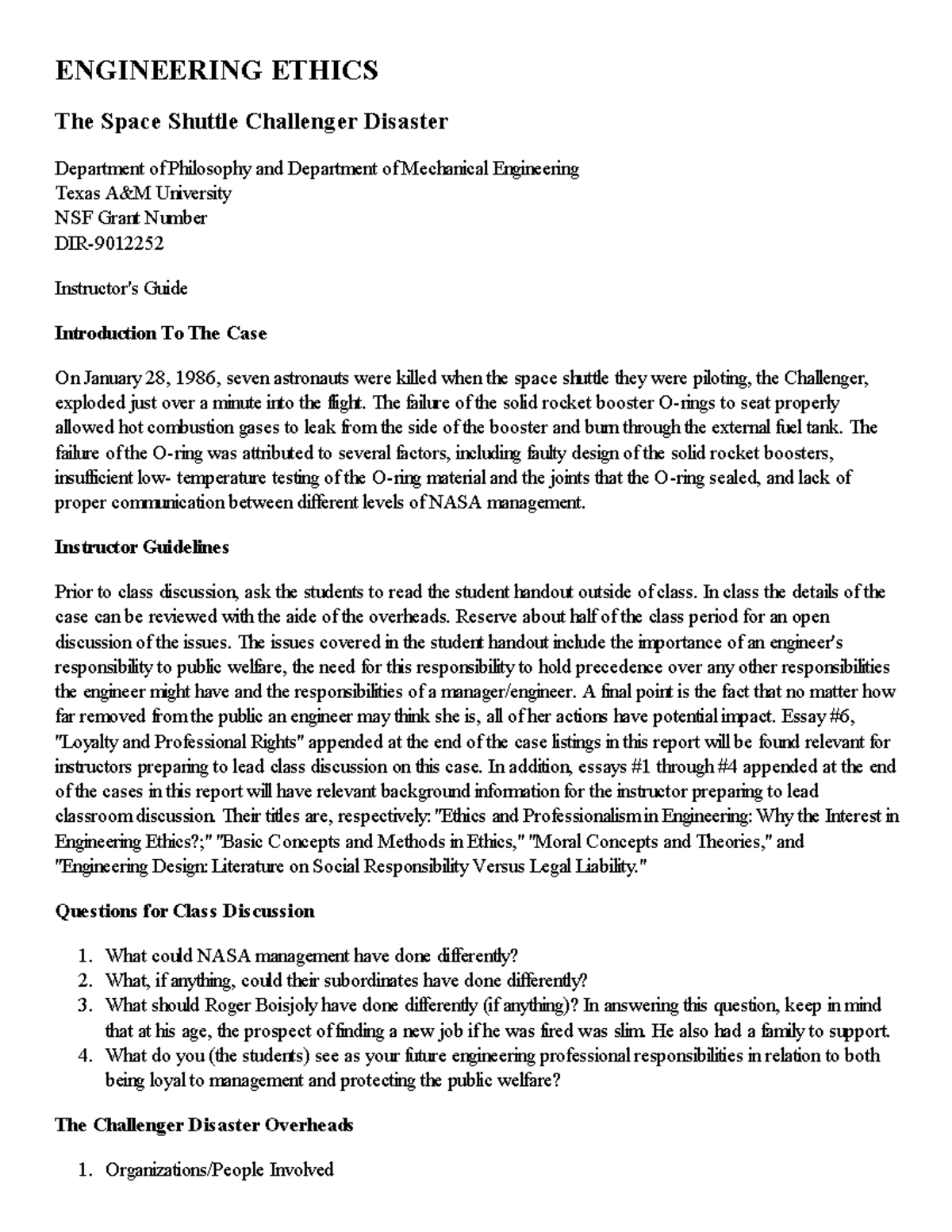 Shuttle - Home work - ENGINEERING ETHICS The Space Shuttle Challenger ...