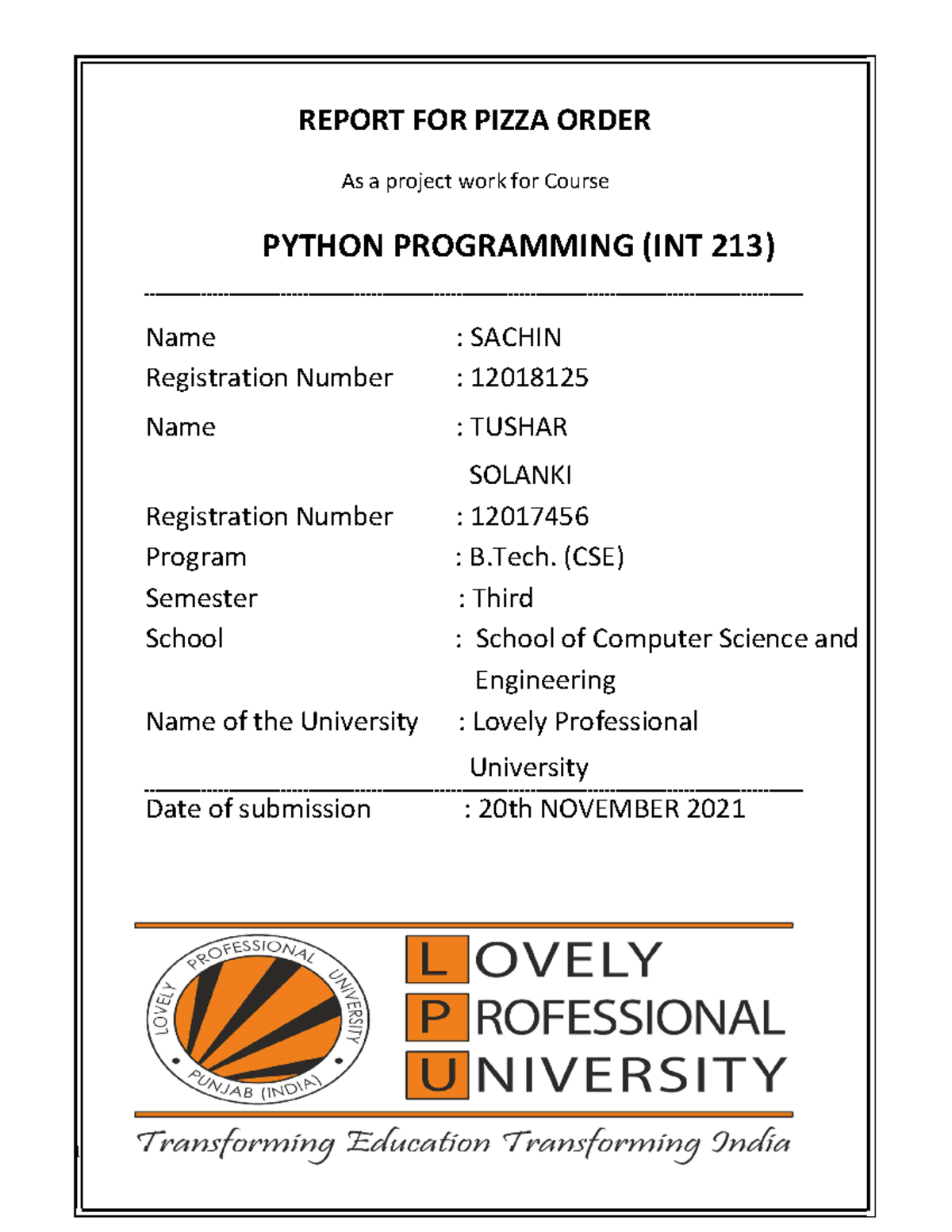 Python Report - sdfghjk - REPORT FOR PIZZA ORDER As a project work for ...
