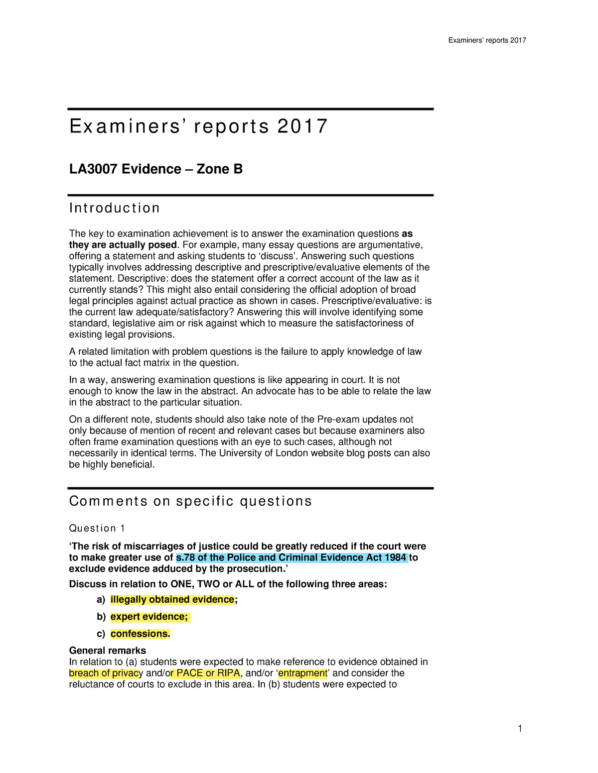 Evidence Report 2017 B - Examiners’ Reports 2017 Ex A M I N E R S ’ R E ...