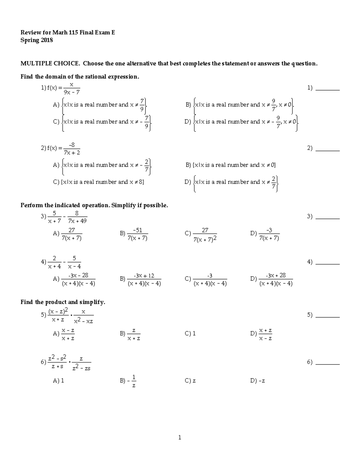 Math 115 Final Exam Review E Fa18 - **Review for Marh 115 Final Exam E ...