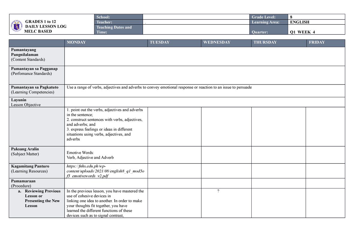 MELC DLL ENG 8 WEEK 4 Q1 DONE - GRADES 1 to 12 DAILY LESSON LOG MELC ...