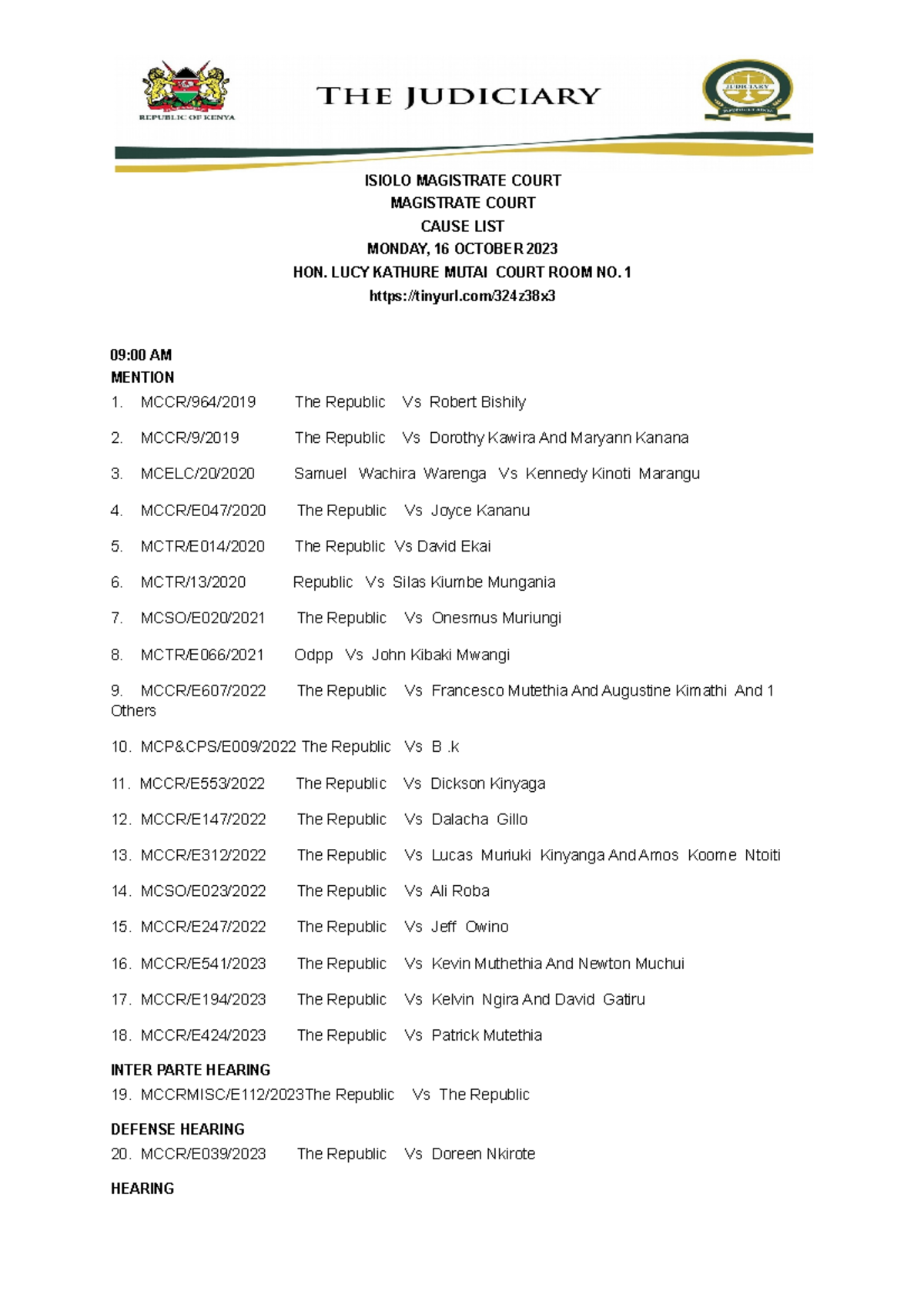 Isiolo Criminal Cause List for 16th Oct 2023 to 27th Oct 2023 - ISIOLO ...