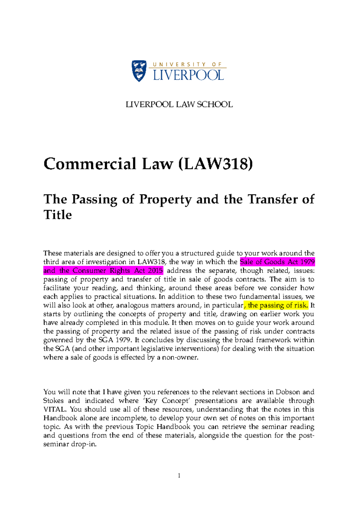 The Passing of Property and the Transfer of Title - LIVERPOOL LAW ...
