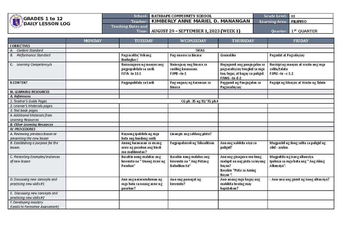 DLL Filipino 3 Q1 W1 - FOR GUIDANCE - GRADES 1 to 12 DAILY LESSON LOG ...